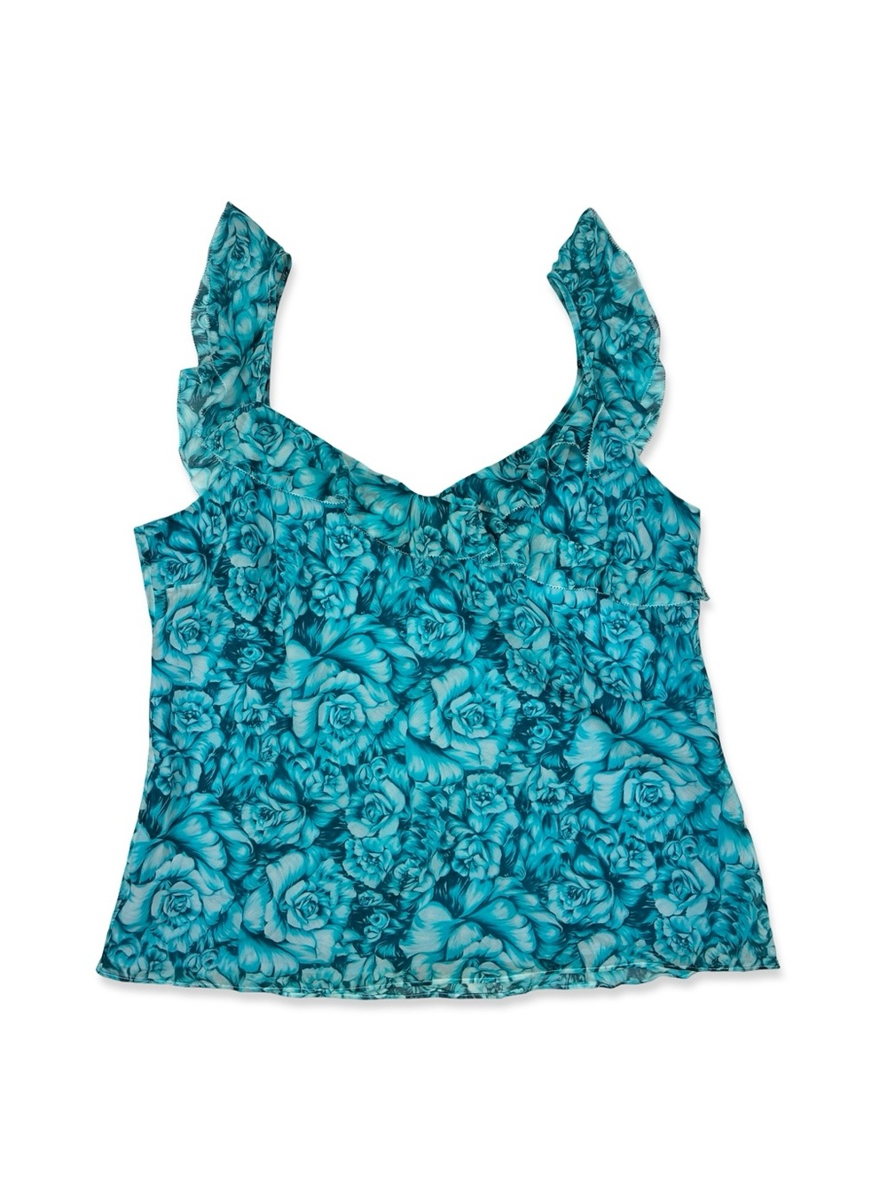 Ann Taylor Blue Silk Rose Floral Ruffle Strap Top